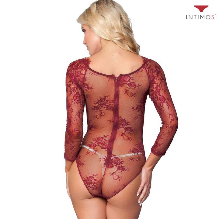 Body sfoderato in pizzo zip retro: modello manica lunga trasparente