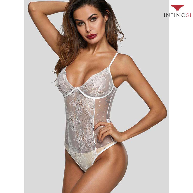 Body con ferretto in sensuale pizzo trasparente con fantasie e ricami