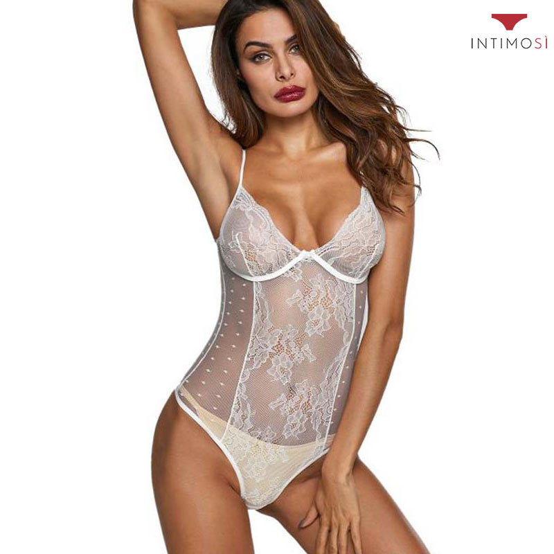 Body con ferretto in sensuale pizzo trasparente con fantasie e ricami