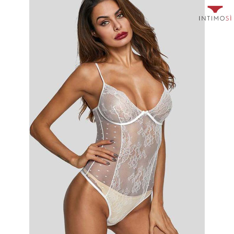 Body con ferretto in sensuale pizzo trasparente con fantasie e ricami