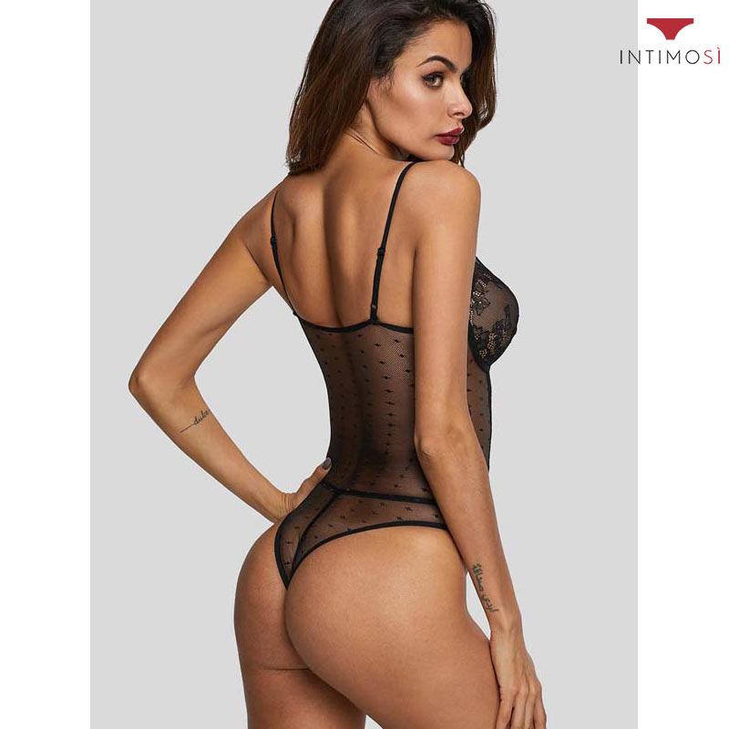 Body con ferretto in sensuale pizzo trasparente con fantasie e ricami