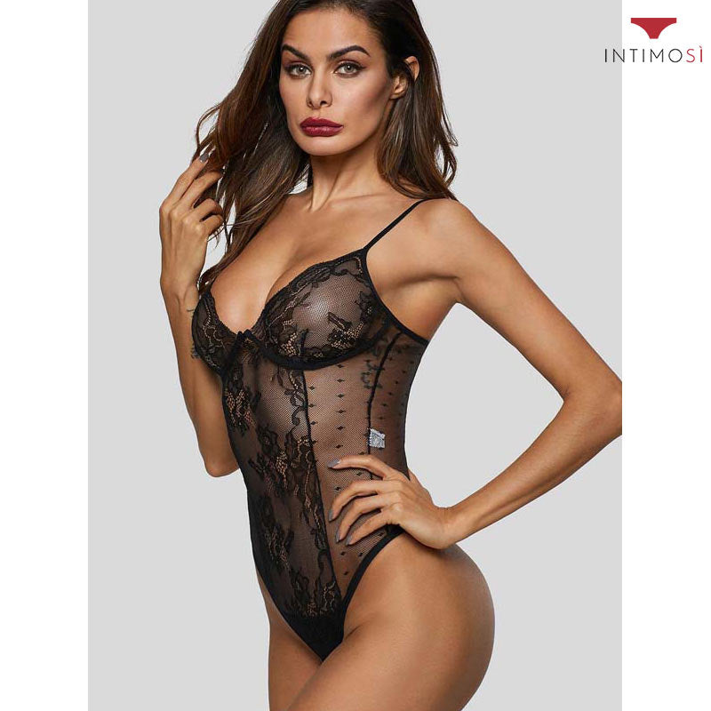 Body con ferretto in sensuale pizzo trasparente con fantasie e ricami