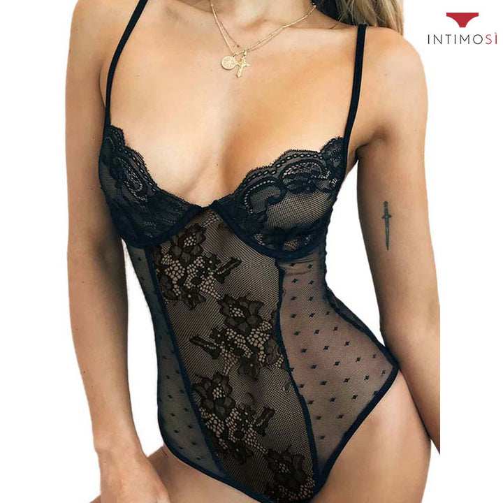 Body con ferretto in sensuale pizzo trasparente con fantasie e ricami